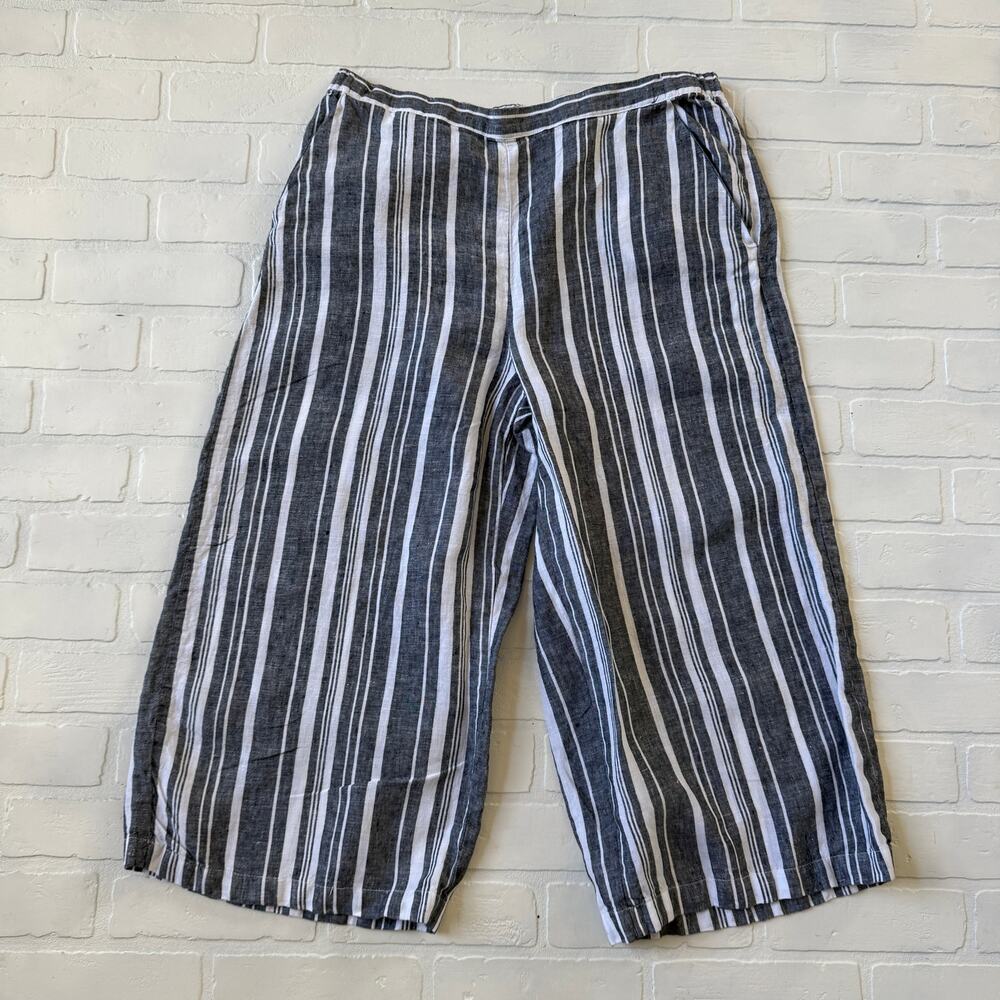 Ellen Tracy Women's Dark Grey/Black Striped Wide Leg Pockets Linen Pants sz L